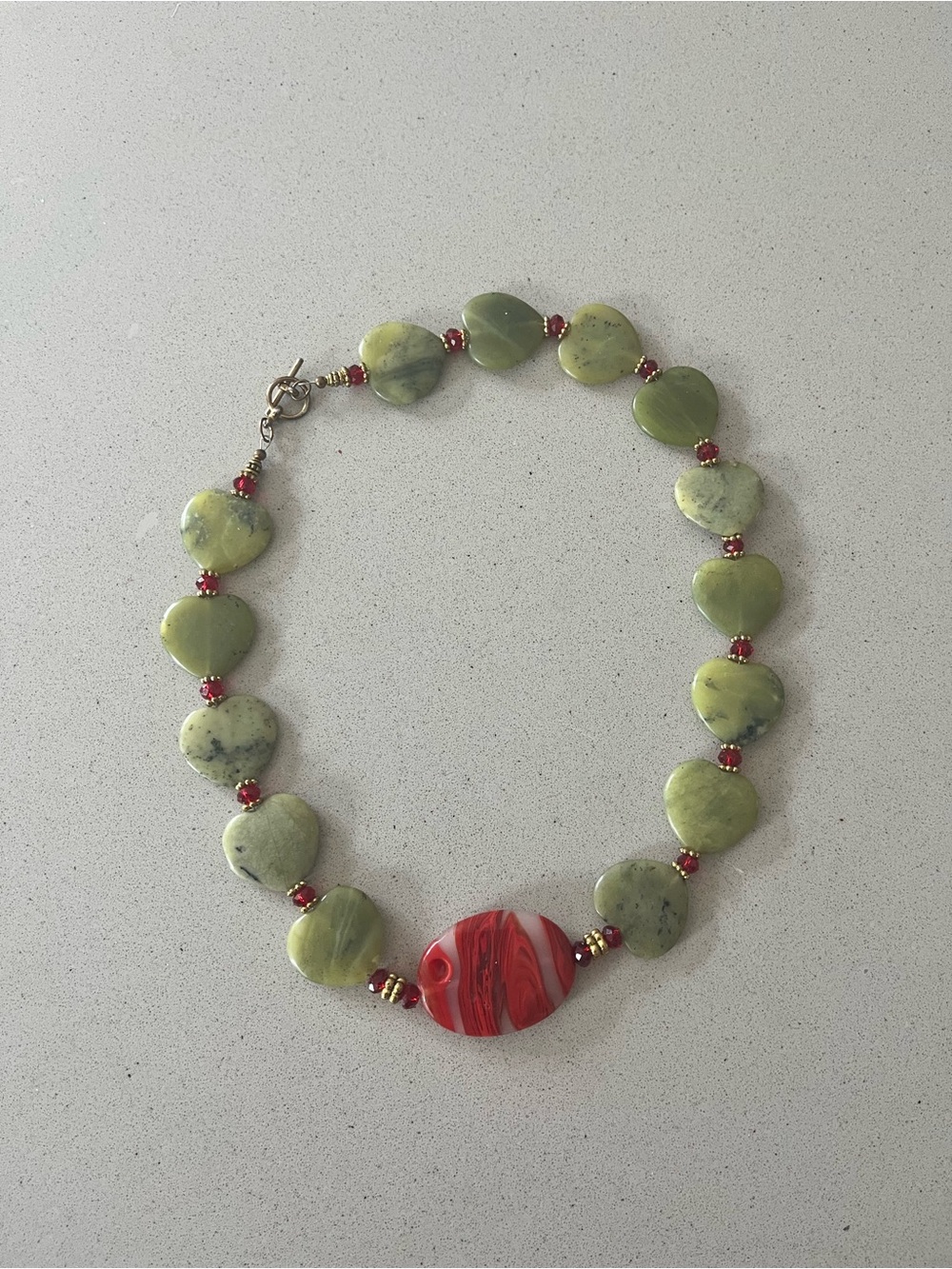 Green Heart Stone Necklace with Red Accent Beads